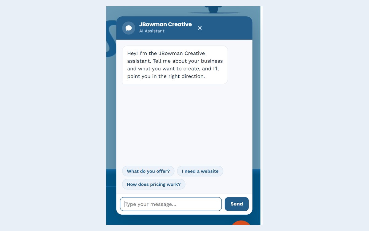 The chat panel open on the JBowman Creative home page
