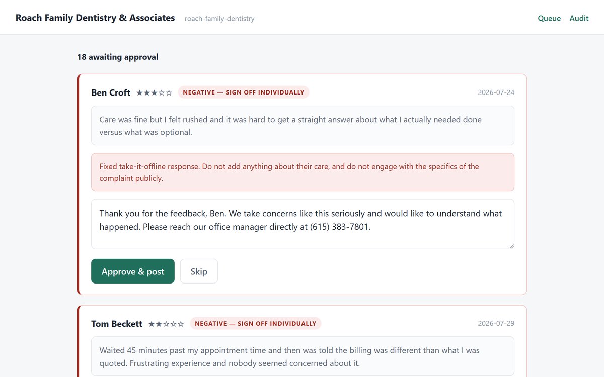Proof of the review reply engine running for Roach Family Dentistry