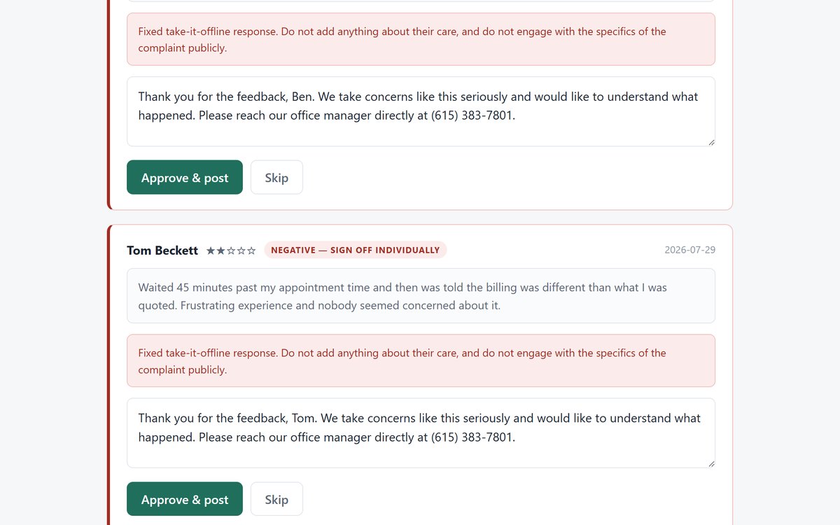 Review replies drafted by the engine, awaiting approval
