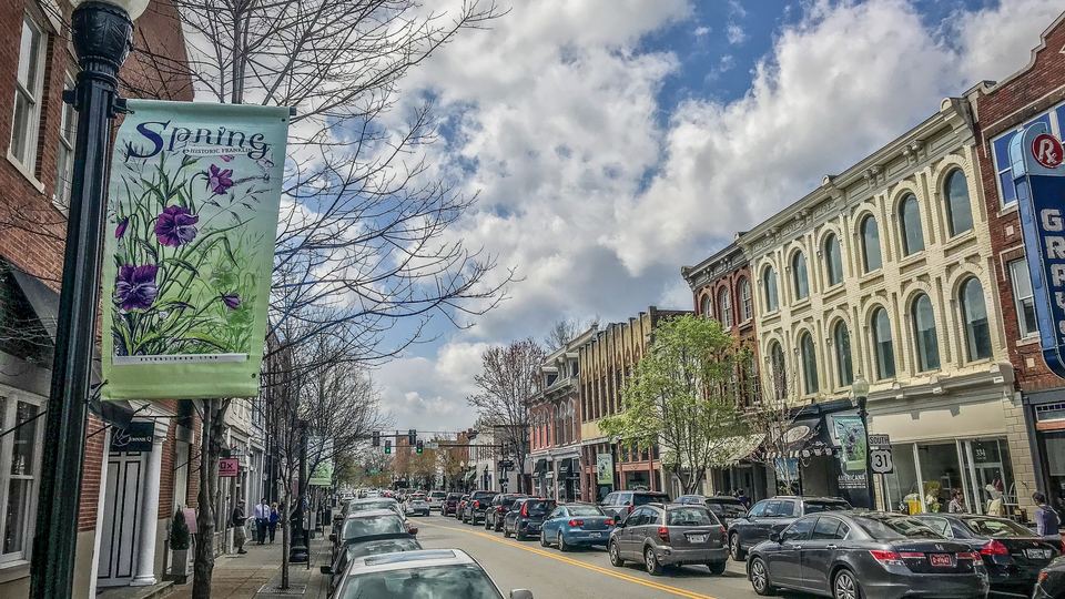 Historic storefronts along Main Street in downtown Franklin, Tennessee