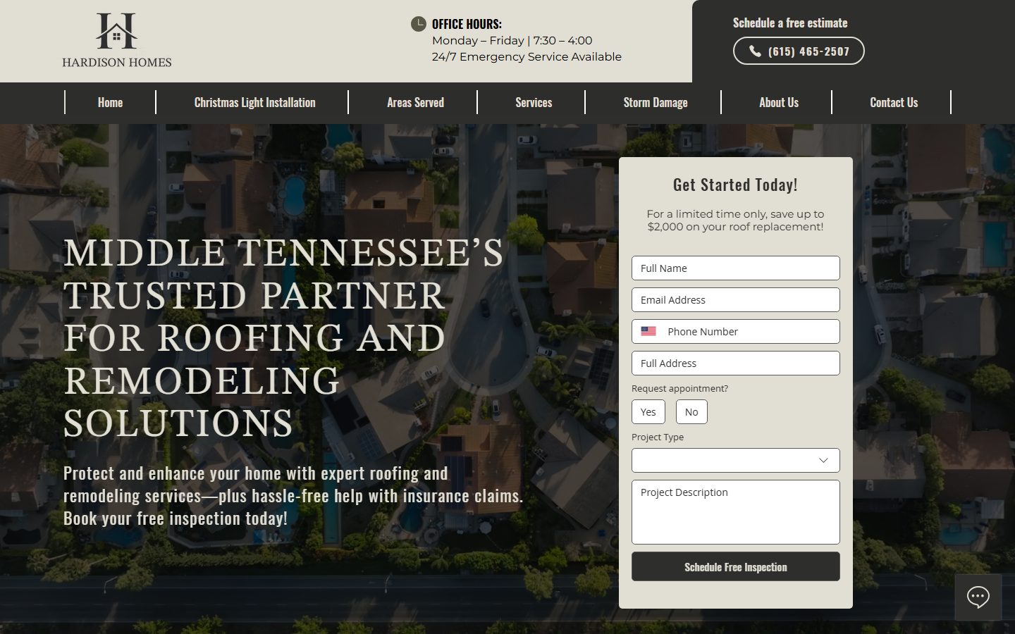 The Hardison Homes homepage, built by JBowman Creative