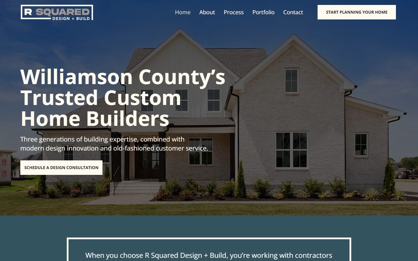 The R Squared Design + Build homepage, built by JBowman Creative